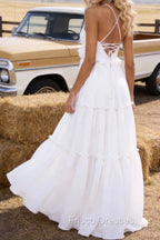 White A-line V Neck Sleeveless Floor-Length Chiffon Prom Dress Long Prom Dresses Backless with Pleated Ruffles