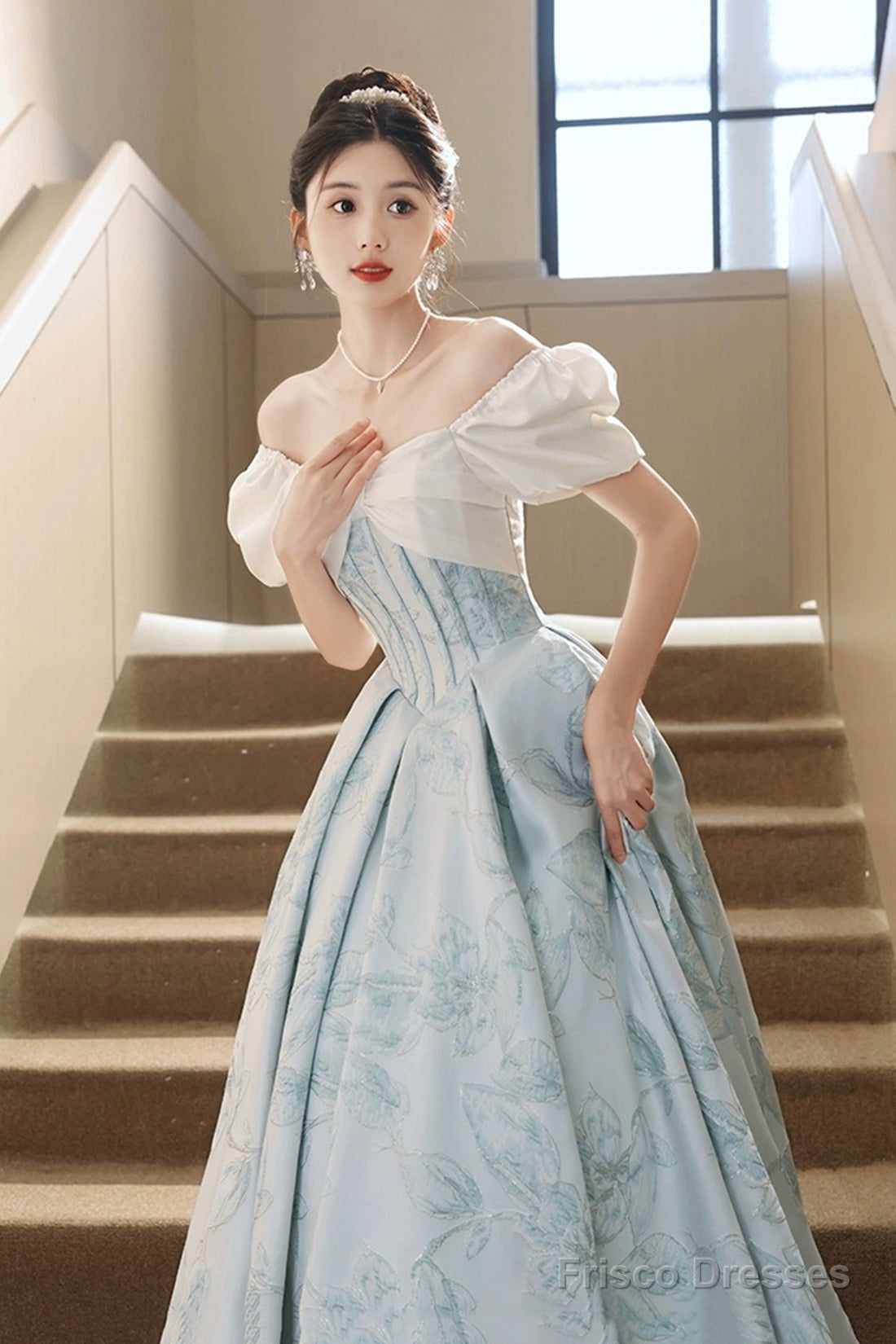 White And Blue Printed Floor Length Prom Dress, Lovely Short Sleeve Formal Evening Dress