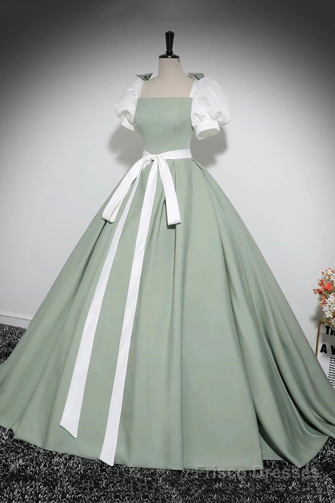 White and Green Floor Length Prom Dress, Lovely A-Line Short Sleeve Evening Party Dress Secondary image