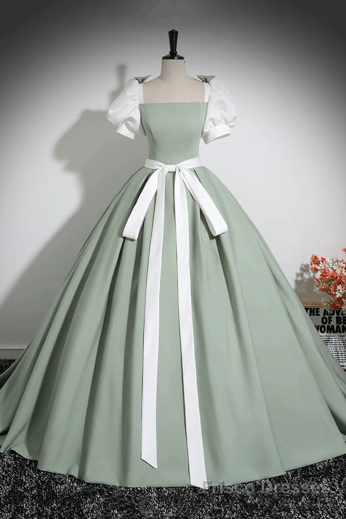 White and Green Floor Length Prom Dress, Lovely A-Line Short Sleeve Evening Party Dress Main image