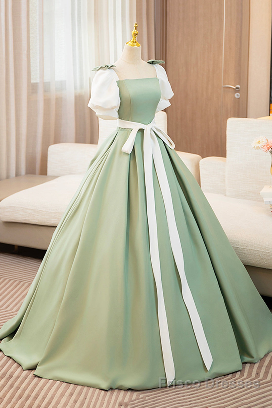 White and Green Long Prom Dress, Lovely A-Line Short Sleeve Evening Party Dress Secondary image