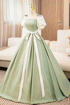 White and Green Long Prom Dress, Lovely A-Line Short Sleeve Evening Party Dress