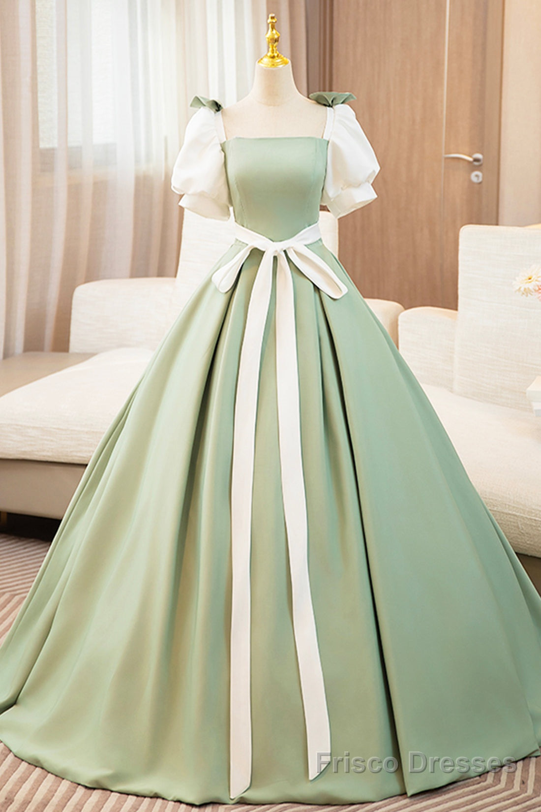 White and Green Long Prom Dress, Lovely A-Line Short Sleeve Evening Party Dress Main image