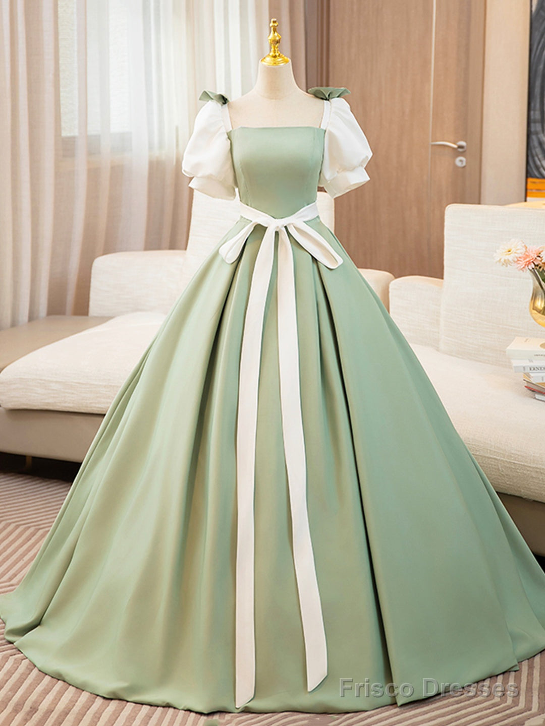 White And Green Satin Long Prom Dress, A-Line Short Sleeve Evening Party Dress Main image