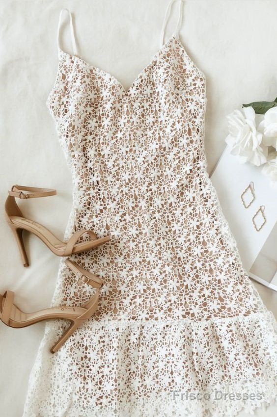 White And Nude Lace Ruffled Mini Dress Homecoming Dress Main image