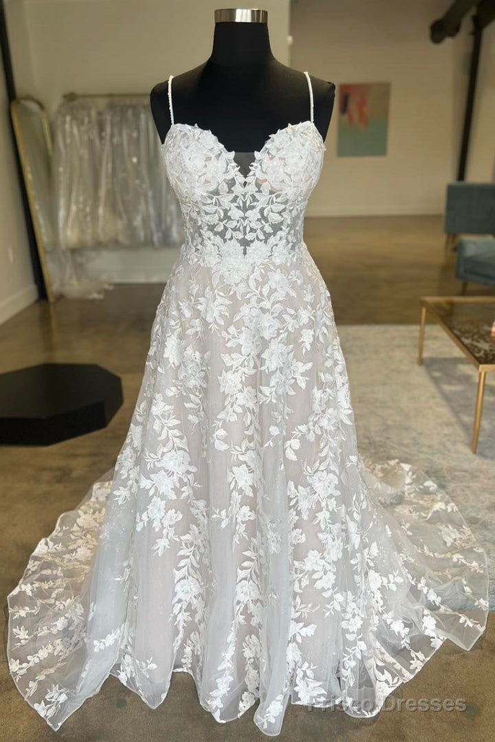 White Appliques Sweetheart Spaghetti Strap Long Wedding Dress Beautiful Main image
