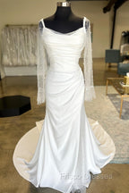 White Backless Ruched Wedding Dress With Detachable Sleeves Open Back