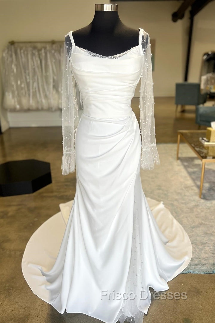 White Backless Ruched Wedding Dress With Detachable Sleeves Open Back