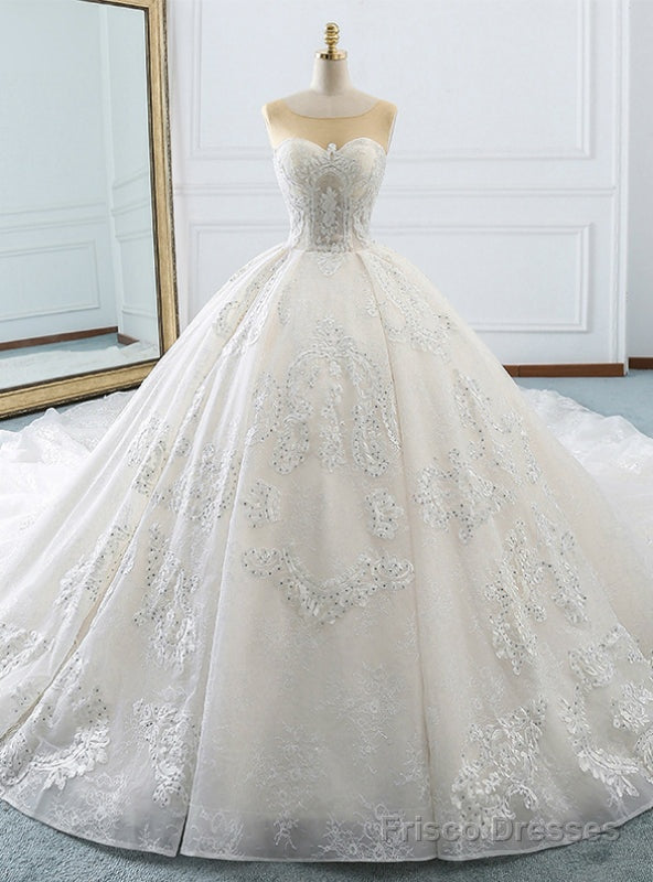 White Ball Gown Appliques Bateau Backless Wedding Dress With Train Main image
