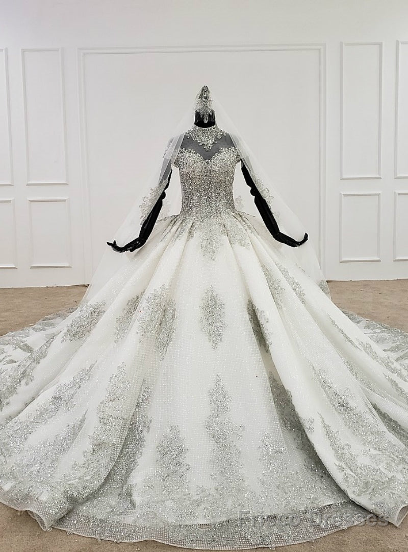 White Ball Gown High Neck Cap Sleeve Beading Sequins Wedding Dress Main image