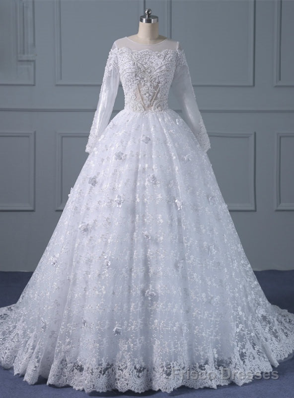 White Ball Gown Long Sleeve Lace Appliques With Beading Wedding Dress Main image