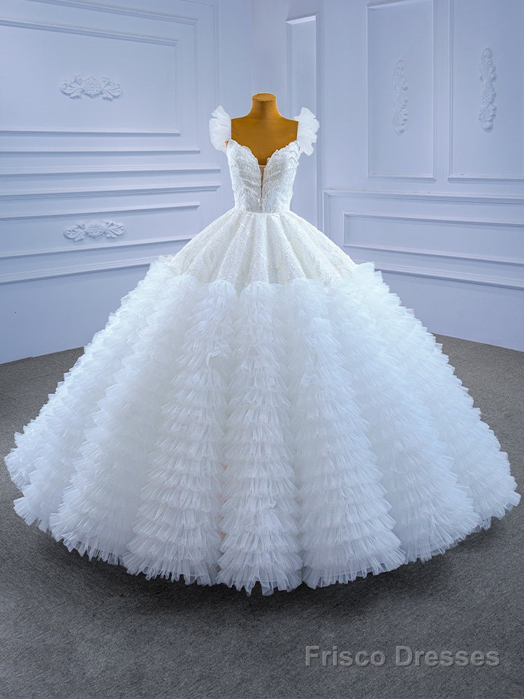White Ball Gown Puff Lace Sequins Tiers Wedding Dress Main image