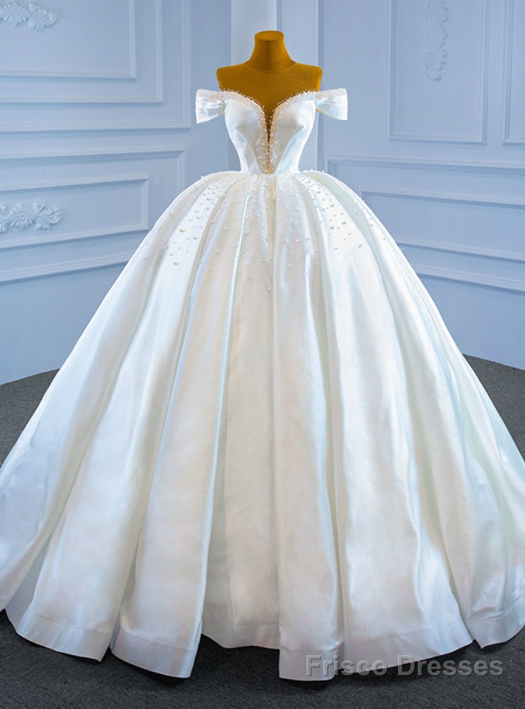 White Ball Gown Satin Pleats Pearls Wedding Dress Main image