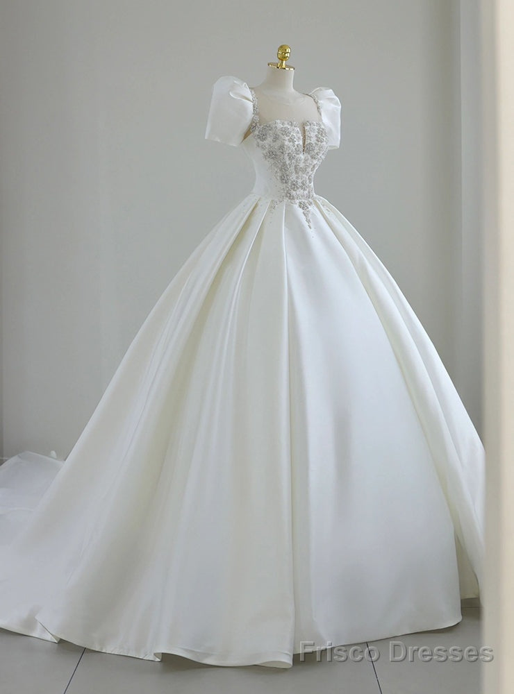 White Ball Gown Satin Puff Sleeve Beading Wedding Dress Main image
