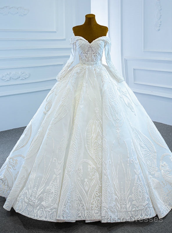 White Ball Gown Sequins Off the Shoulder Long Sleeve Beading Wedding Dress Main image
