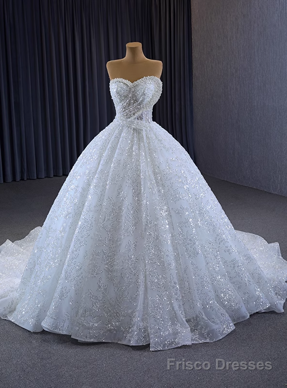 White Ball Gown Sequins Sweetheart Pearls Wedding Dress Main image