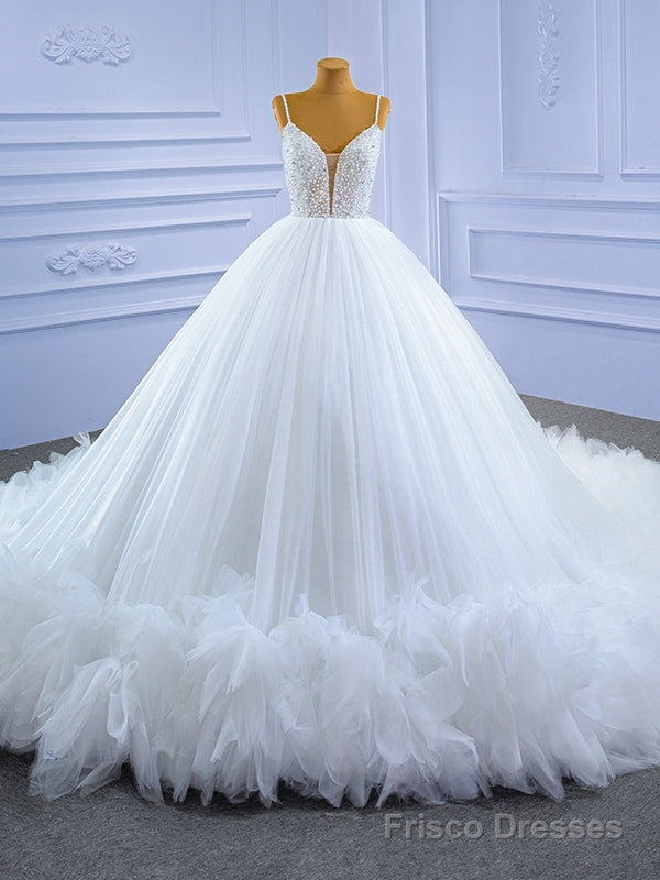 White Ball Gown Spaghetti Straps Pearls Wedding Dress Main image