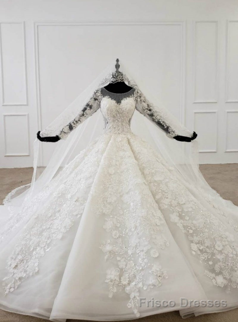 White Ball Gown Tulle 3D Appliques Long Sleeve Wedding Dress With Veil Main image