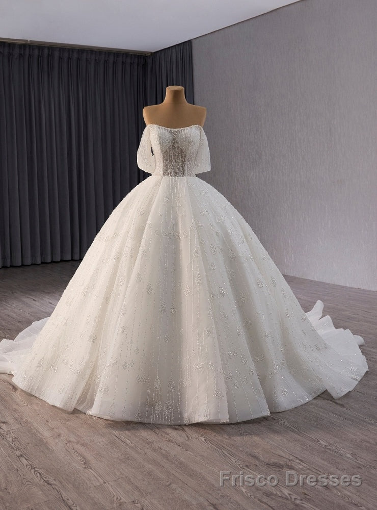 White Ball Gown Tulle Beading Off the Shoulder Wedding Dress Main image