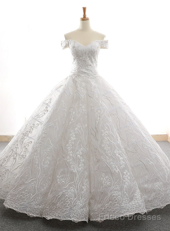 White Ball Gown Tulle Lace Appliques Off the Shoulder Prom Dress Main image