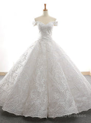 White Ball Gown Tulle Lace Appliques Off the Shoulder Prom Dress