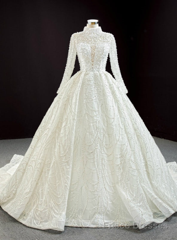 White Ball Gown Tulle Long Sleeve High Neck Pearls Wedding Dress Main image