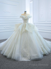 White Ball Gown Tulle Sequins Appliques Off the Shoulder Wedding Dress