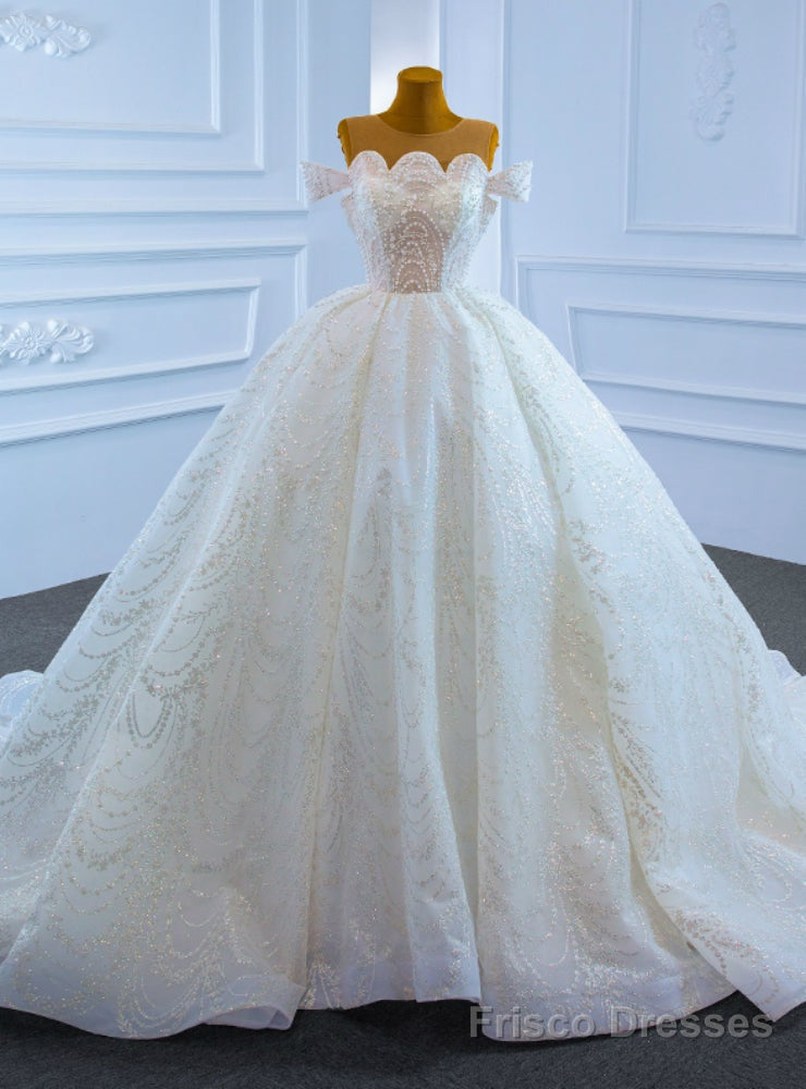 White Ball Gown Tulle Sequins Scoop Pearls Wedding Dress Main image