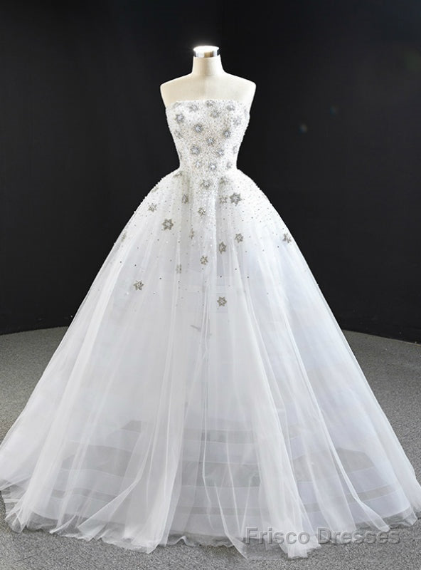 White Ball Gown Tulle Strapless Beading Sequins Prom Dress Main image