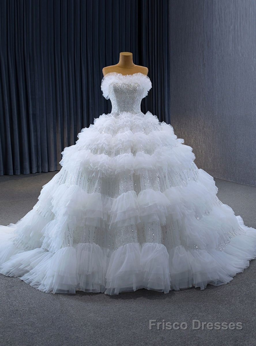 White Ball Gown Tulle Tiers Sequins Wedding Dress Main image