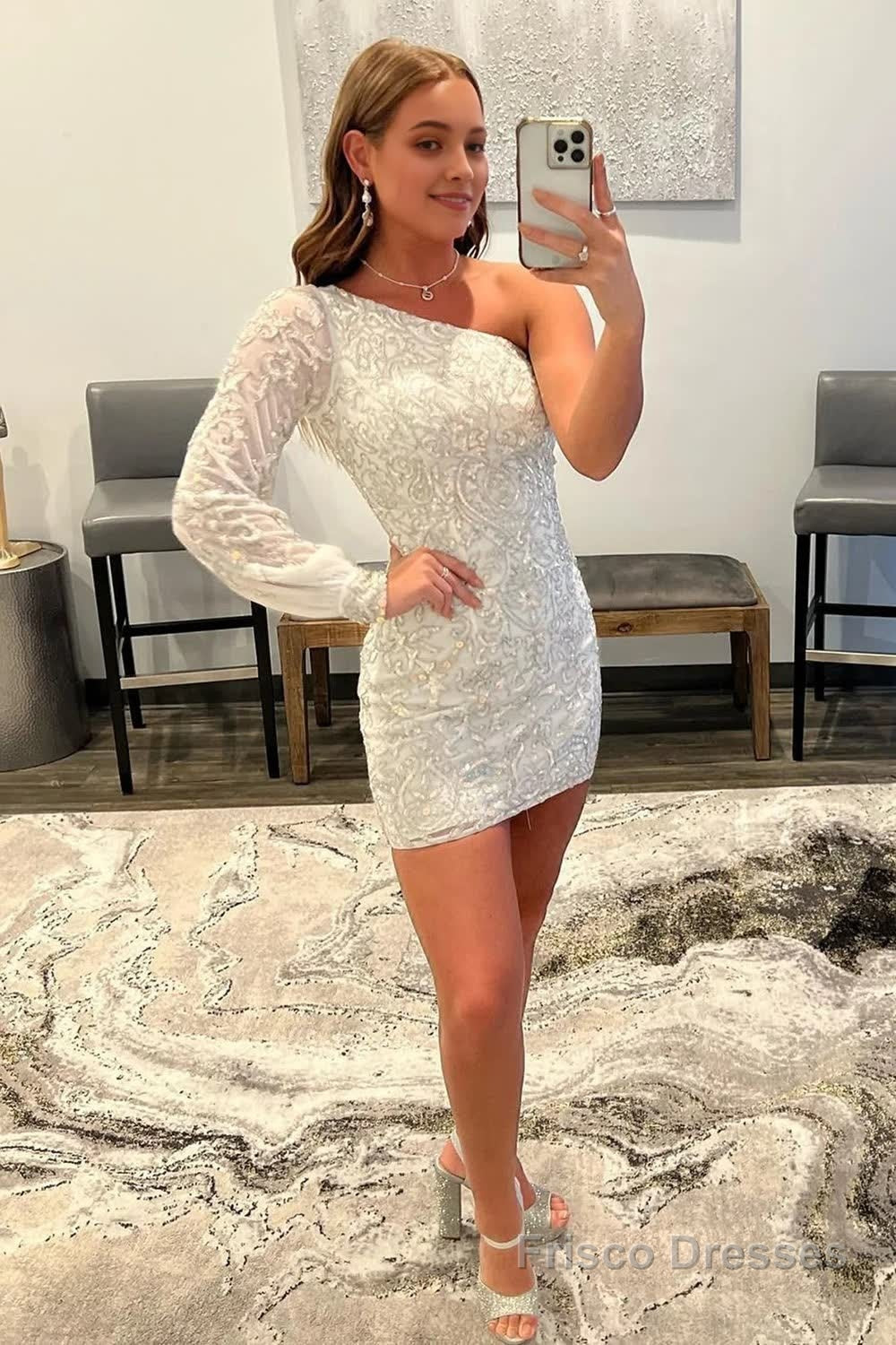 white homecoming dress White Beaded Sequins One Shoulder Tight Homecoming Dress – Frisco Dresses