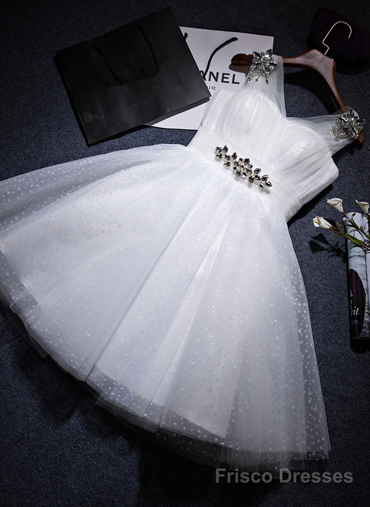 White Beaded Tulle V-neckline Short Party Dress, White Tulle Graduation Dress Prom Dress Main image