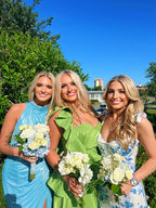 White Blue Floral A-Line Prom Dresses Long Evening Gown