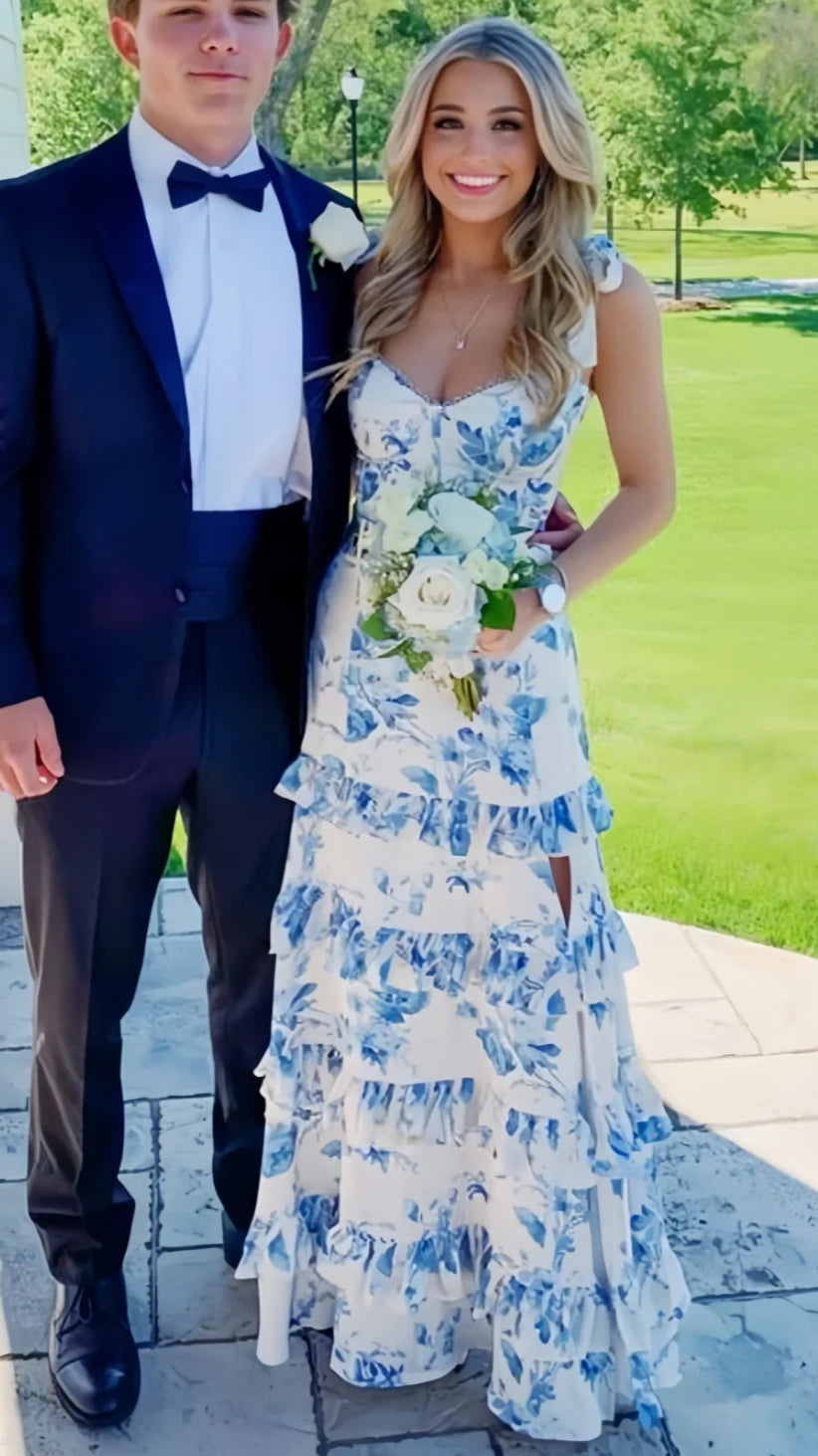 White Blue Floral A-Line Prom Dresses Long Evening Gown Secondary image