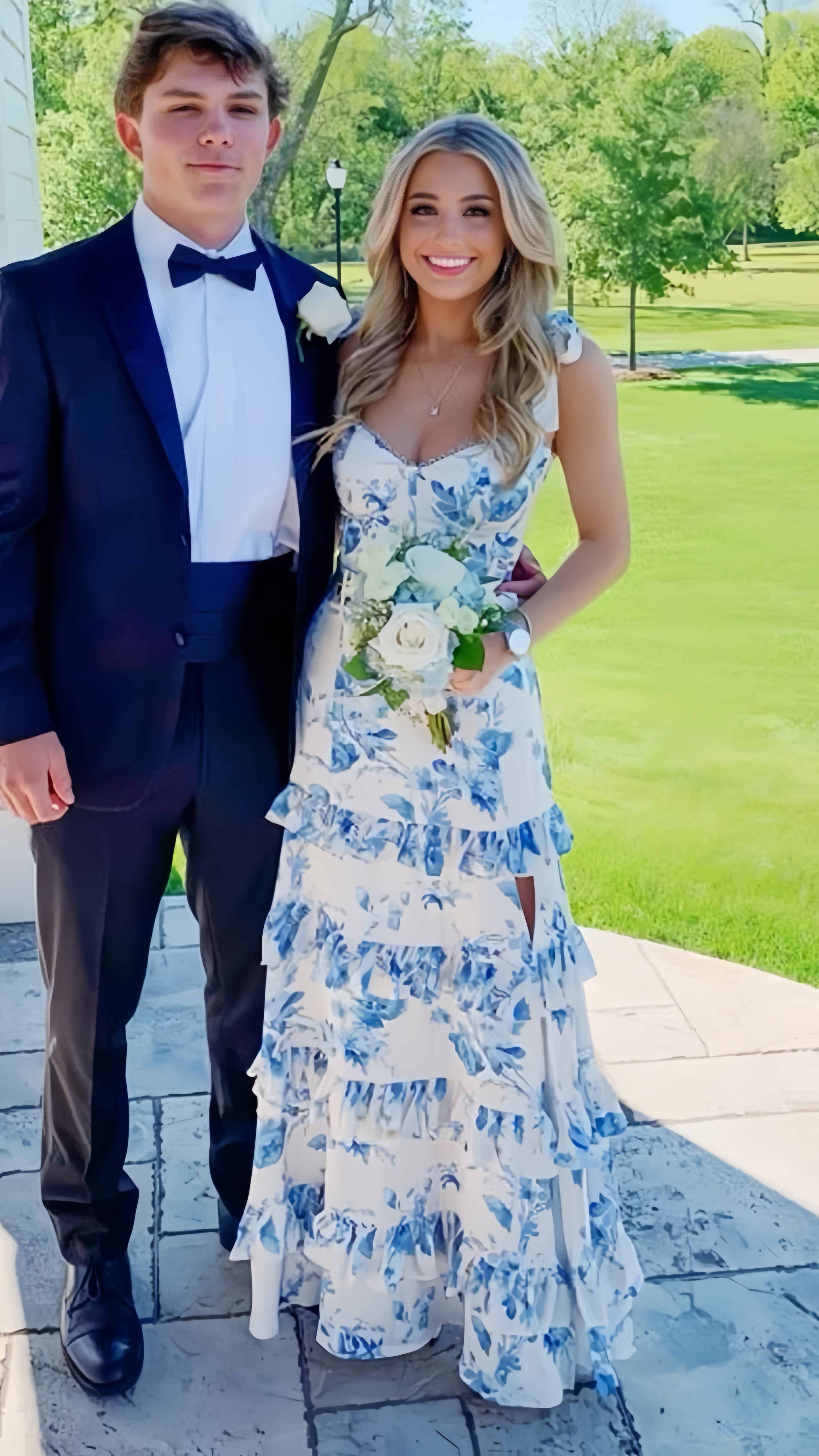 White Blue Floral A-Line Prom Dresses Long Evening Gown Main image
