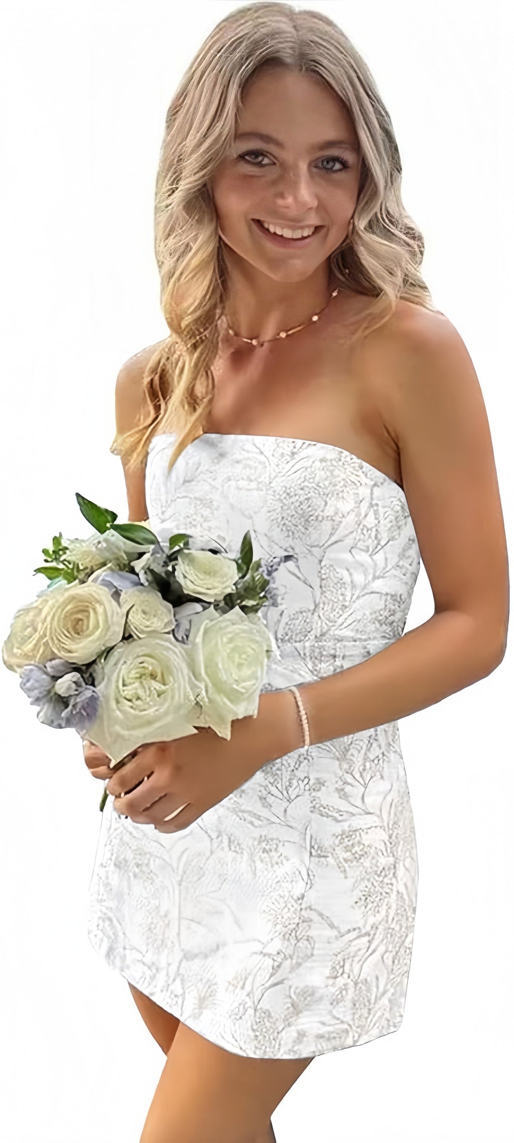 White Blue Floral Homecoming Dresses Strapless Short Prom Dresses,