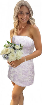 White Blue Floral Homecoming Dresses Strapless Short Prom Dresses,
