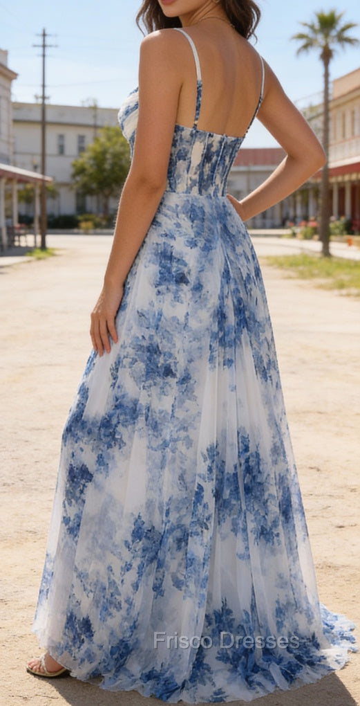 White Blue Flower Spaghetti Straps Ruched Corset Long Prom Dress With Slit