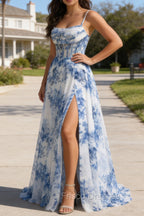White Blue Flower Spaghetti Straps Ruched Corset Long Prom Dress With Slit