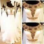 White Chiffon Golden Beaded Evening Dress Long Prom Dress