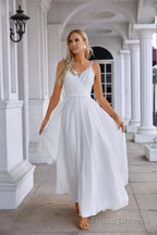 White Chiffon Prom Dresses Surplice Neck A-Line Long Evening Dress with Spaghetti Straps