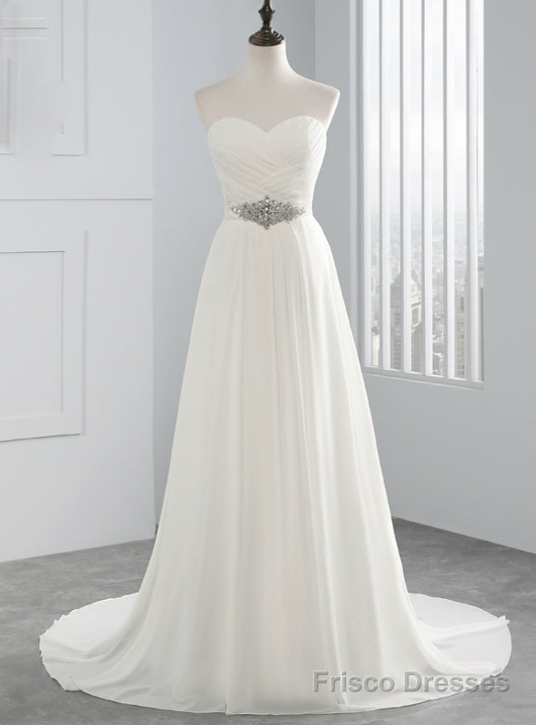 White Chiffon Sweetheart Neck Pleats Wedding Dress With Crystal Main image
