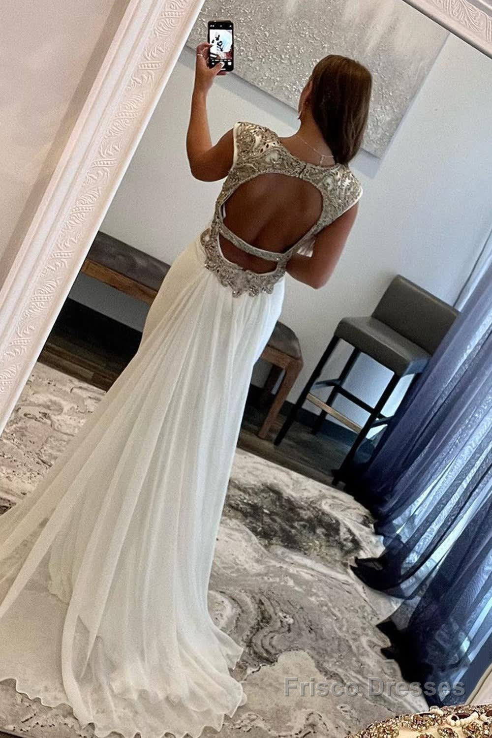 White Deep V-Neck Backless Prom Dress with Beading Secondary image