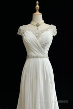 White Elegant A-Line Chiffon V-Neck Long Formal Prom Dress With Beading Simple Wedding Dress