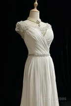 White Elegant A-Line Chiffon V-Neck Long Formal Prom Dress With Beading Simple Wedding Dress