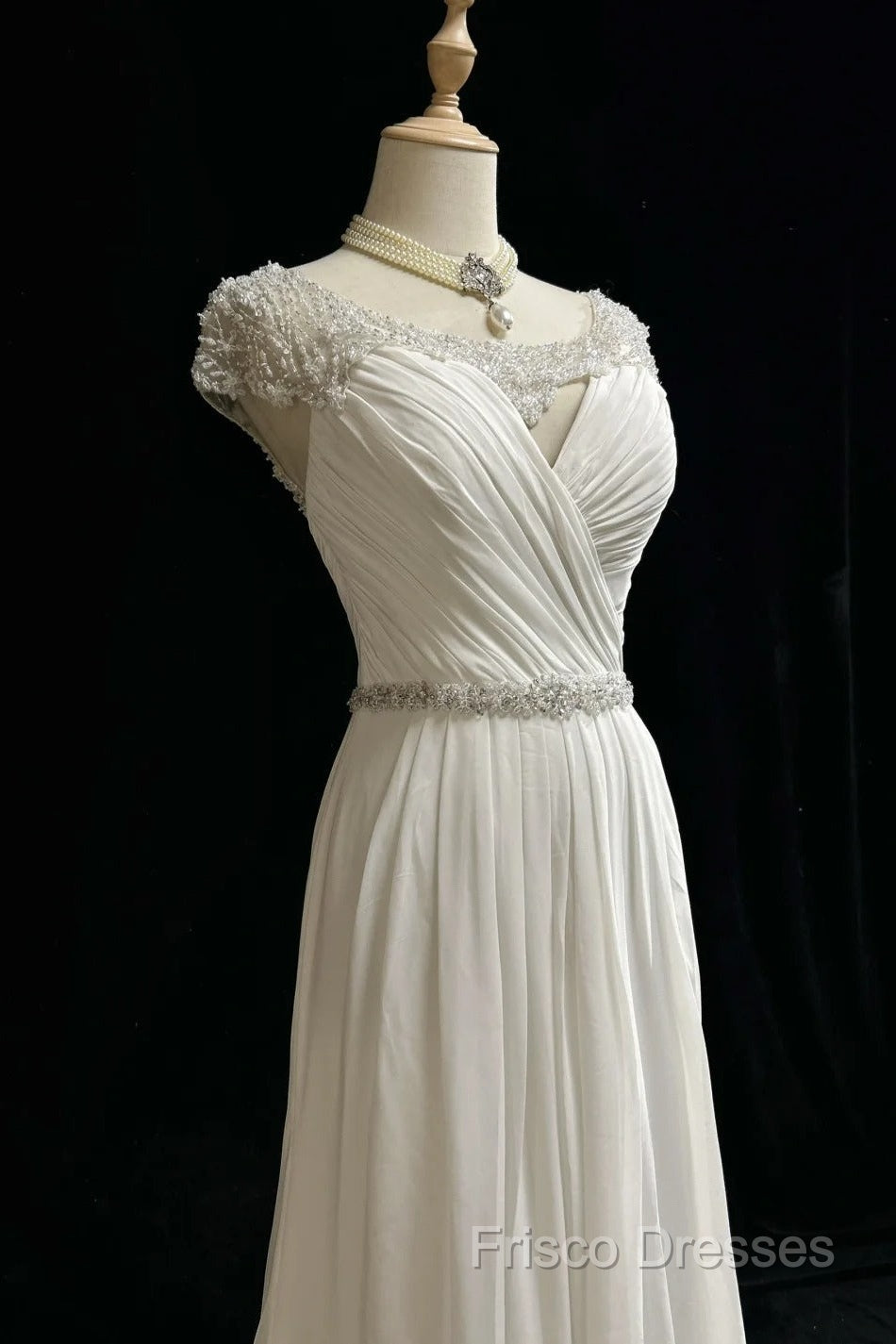 White Elegant A-Line Chiffon V-Neck Long Formal Prom Dress With Beading Simple Wedding Dress