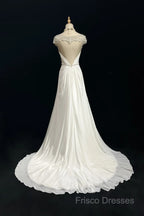 White Elegant A-Line Chiffon V-Neck Long Formal Prom Dress With Beading Simple Wedding Dress