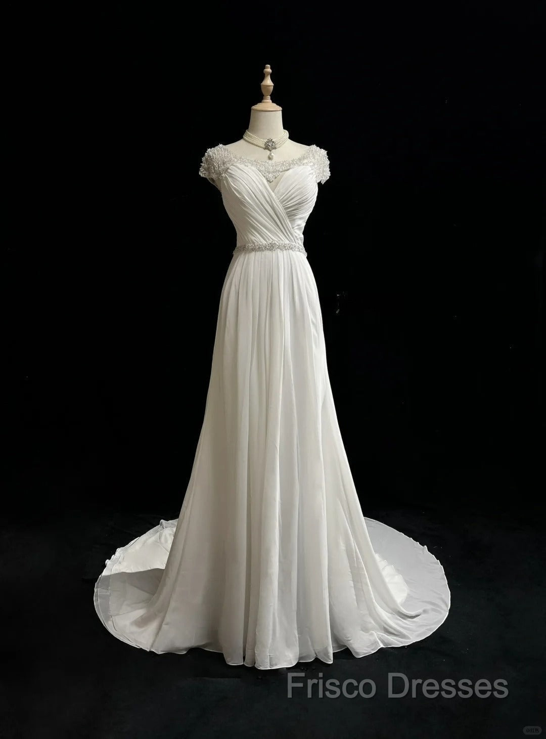 White Elegant A-Line Chiffon V-Neck Long Formal Prom Dress With Beading Simple Wedding Dress