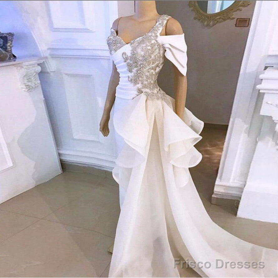 White Elegant Mermaid Prom Dresses Shiny Crystal Rhinestone Long Prom Gowns Tulle Ruffles Flowing Ribbon Main image