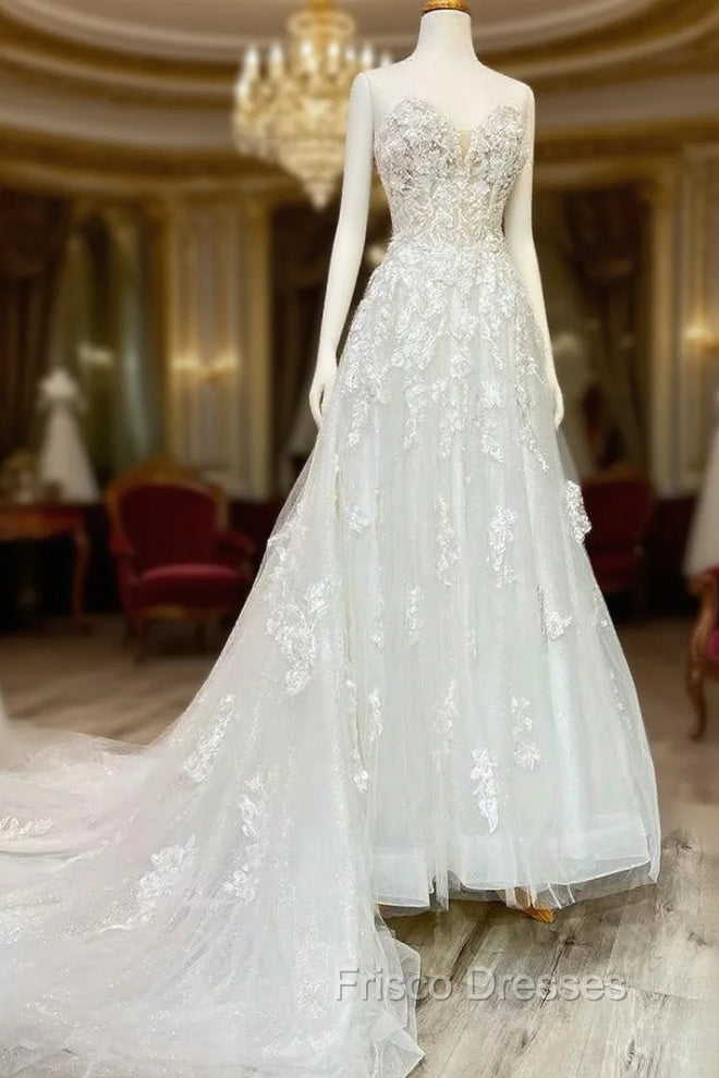 White Floral Applique Sweetheart Long Wedding Dress With Sweeping Train Beautiful Main image
